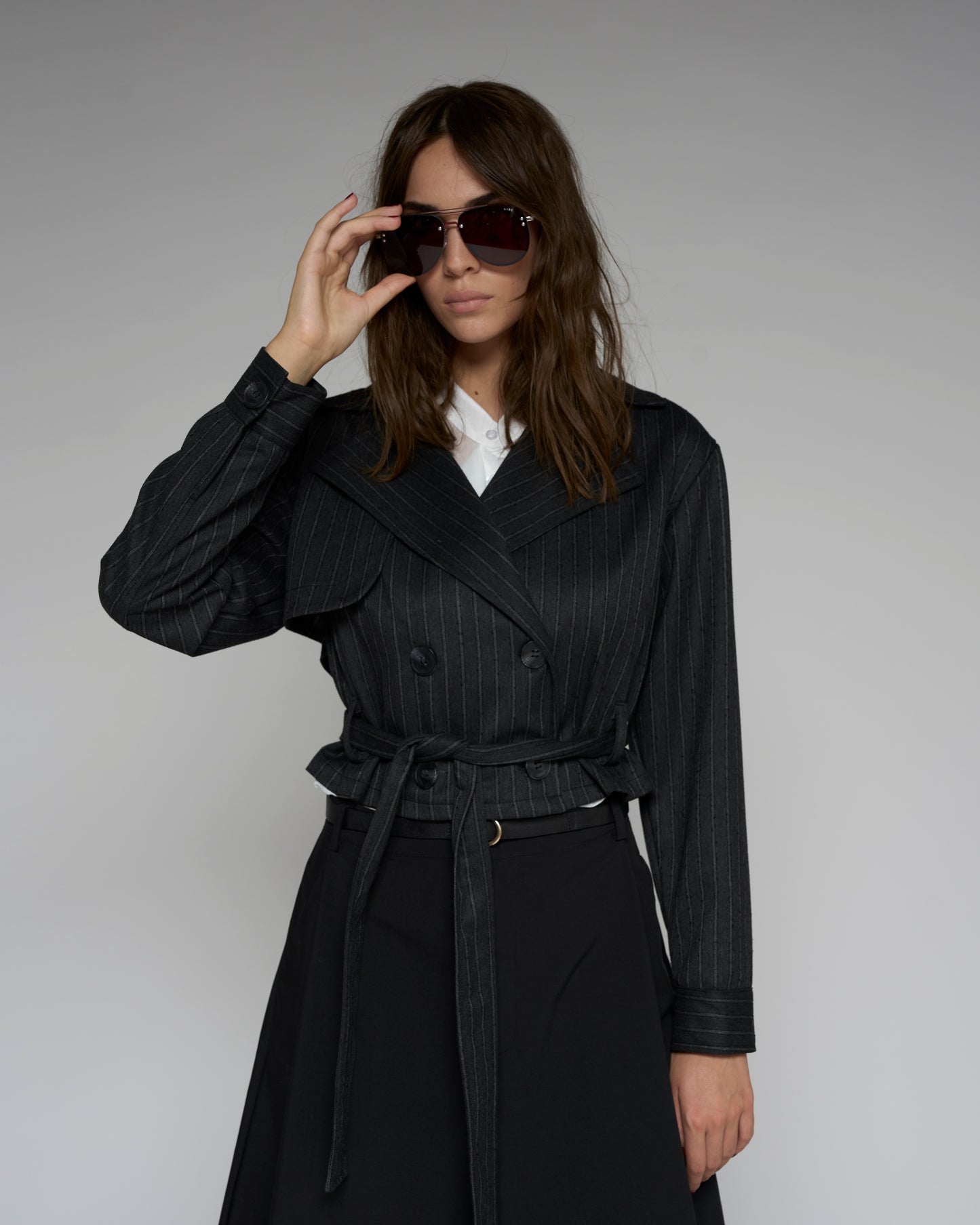 Short Pinstrap Trench Coat