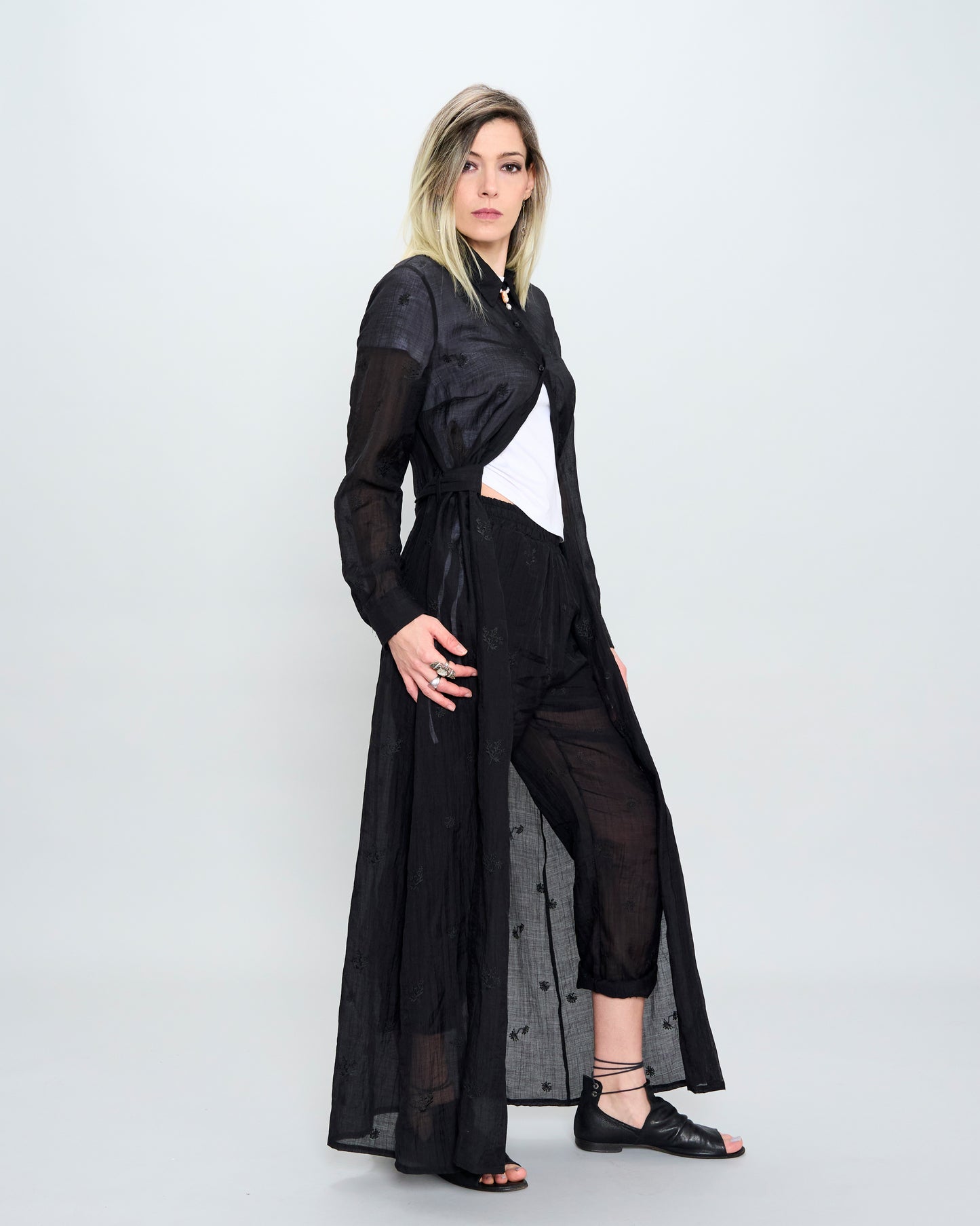 Crinkled Embroidery Long Dress