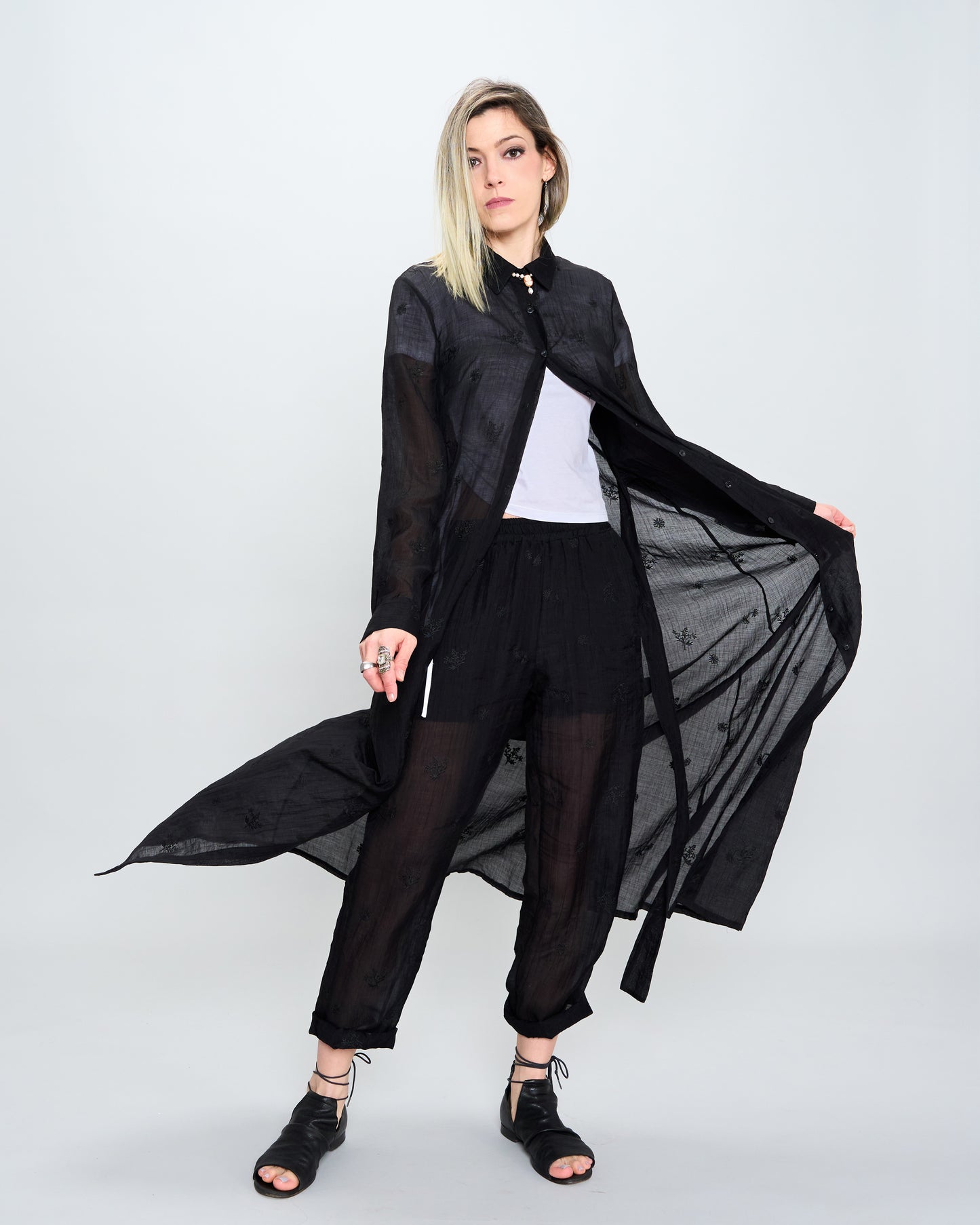 Crinkled Embroidery Long Dress