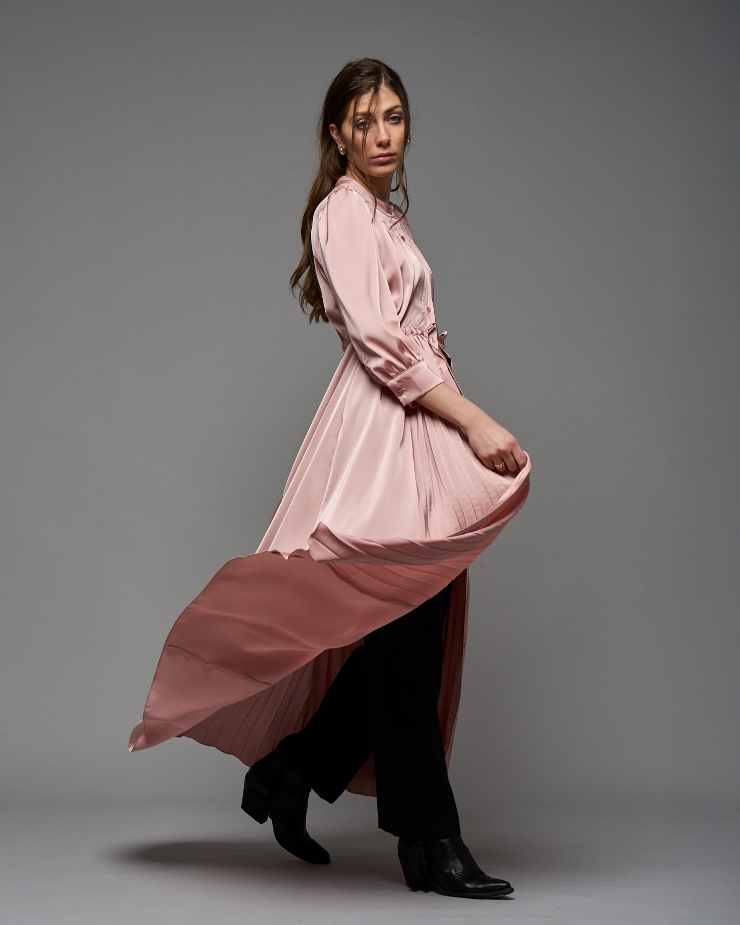 Pleated Satin Long Dress